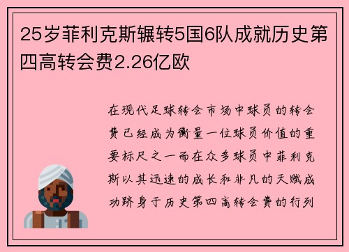 25岁菲利克斯辗转5国6队成就历史第四高转会费2.26亿欧